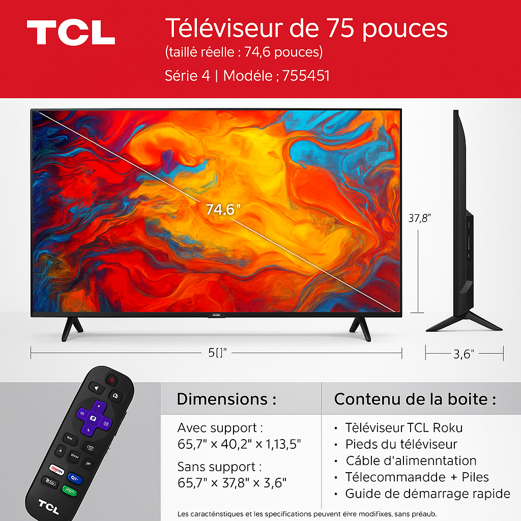 TCL 75” Class S4 4K UHD HDR Smart TV with Roku TV (75S451)
