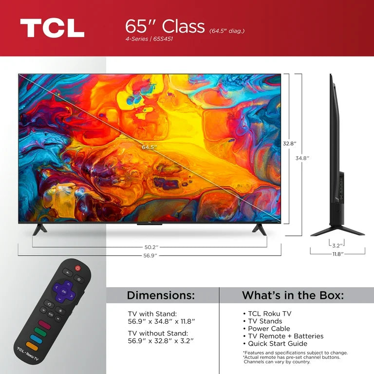 TCL 65" CLASS 4-SERIES 4K UHD HDR LED SMART ROKU TV (65S451)