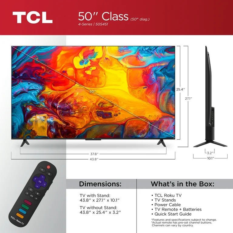 TCL 50" CLASS 4-SERIES 4K UHD HDR LED SMART ROKU TV (50S451)